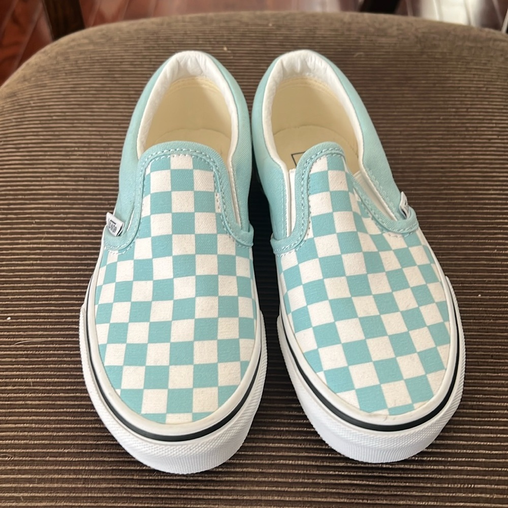 Teal White Checkered Slip On Vans